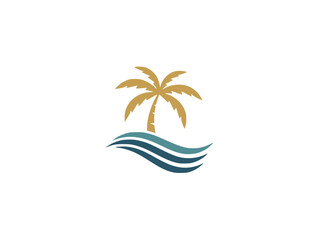 Tropical Paradise Island Logo with Golden Palm Tree and Blue Waves © SYEDAALISHA