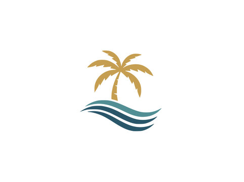 Tropical Paradise Island Logo with Golden Palm Tree and Blue Waves