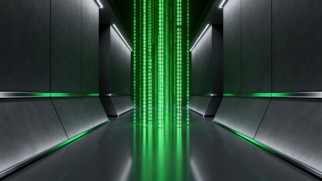 Futuristic corridor with binary code