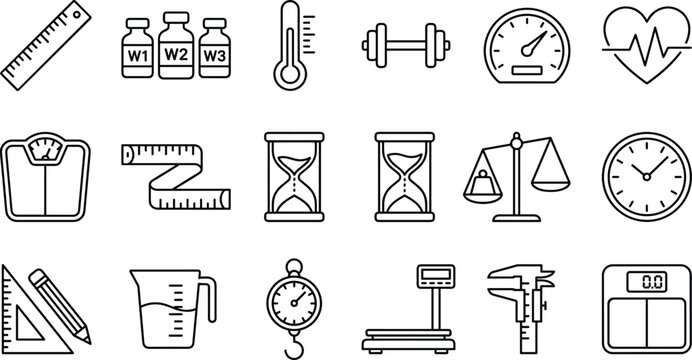 Comprehensive Measurement and Weight Scale Icon Set Featuring Rulers, Thermometers, Hourglasses, Calipers, and Laboratory Scales for Science