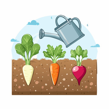 Gardening illustration: Watering root vegetables in soil