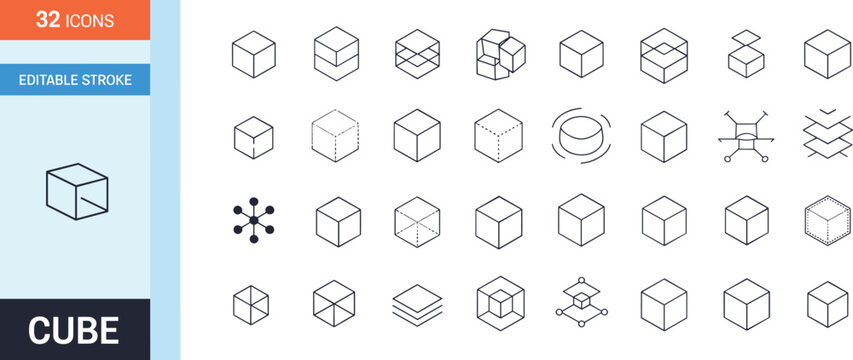 Collection of thirty-two cube line icons, geometric shapes, layered cubes, dotted outlines, intersecting planes, and 