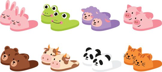 Fototapeta premium Cute Animal Slippers Illustration Set Featuring Bunny Frog Sheep Pig Bear Cow Panda and Cat Character Footwear for Cozy Home Fashion and Kids Apparel Designs