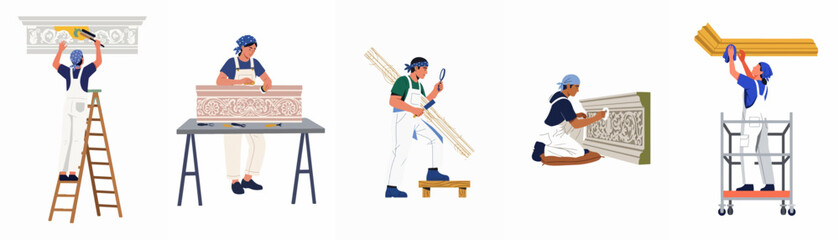 Illustration set of craftspeople and restorers working on decorative architectural moldings, cornices, and friezes, isolated on white background. © Woo