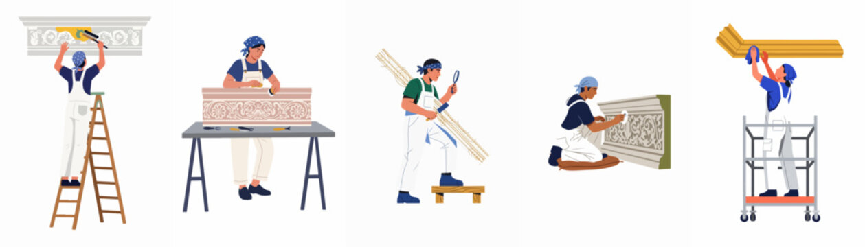 Illustration set of craftspeople and restorers working on decorative architectural moldings, cornices, and friezes, isolated on white background.