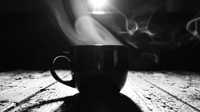 Steaming black coffee cup with rising vapor against a dark backdrop on a weathered wooden surface in monochrome