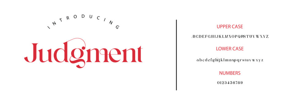 Judgment typography, introducing text, red logo, vector labels, case styles
