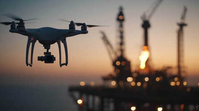 Drone surveillance action at oil rig offshore location industrial photography twilight environment aerial viewpoint technology insights