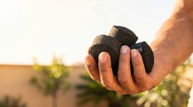 Mans Hand Holding Lumps of Charcoal Outdoors with Bright Sunlight.