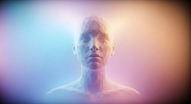 Low poly human head with glowing aura. Artificial intelligence and digital consciousness concept. Abstract 3D render of a geometric face representing futuristic technology and data.