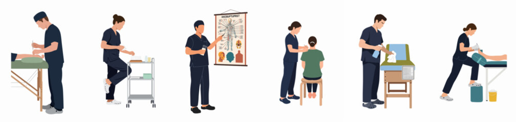 Obraz premium Flat vector illustrations of acupuncture practitioners performing various clinical duties such as patient treatment, education, sanitation, and preparation in a clinic setting.