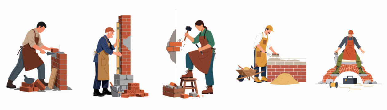 Collection of diverse masons and bricklayers performing various construction tasks such as laying bricks, measuring, and leveling walls in a flat illustration style.
