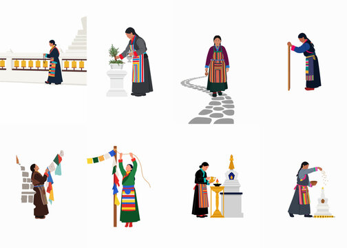 Set of Flat Vector Illustrations of Tibetan Women in Traditional Dress Performing Religious and Cultural Activities such as Prayer and Pilgrimage