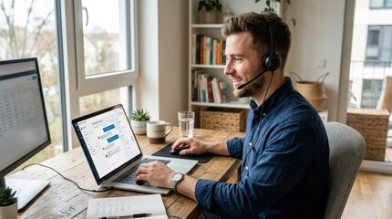 Obraz premium Focused male customer service representative working on a laptop, remote support, online assistance and business communication concept, headset, desk setup and attentive expression, modern workspace,