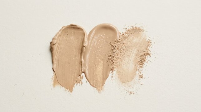 Matte concealer foundation and bb cream smudge with powder on creamy white background, makeup cosmetic texture, beauty product sample, skincare shade testing, soft natural light, clean background,