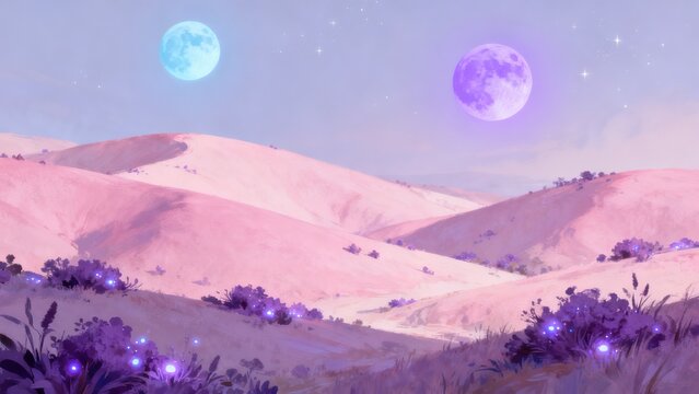 Dual moons over glowing hills