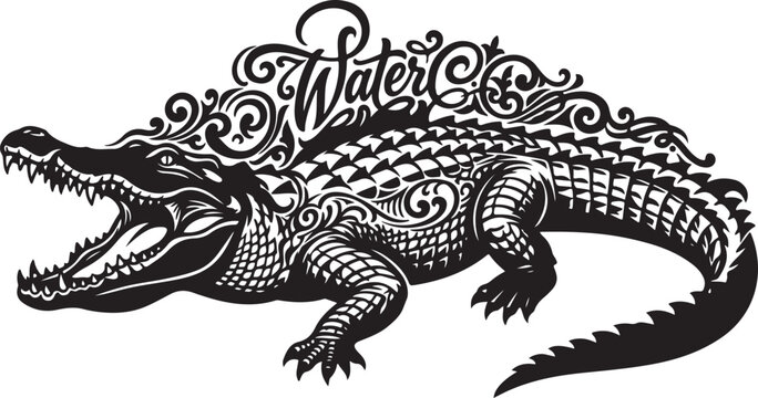 Black and white illustration of a crocodile with ornate swirls and the word Water on its back,Generative Ai