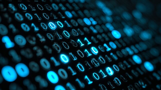 Glowing blue binary code digits reflecting on a dark surface in this professional close up conceptual technology computer data photograph