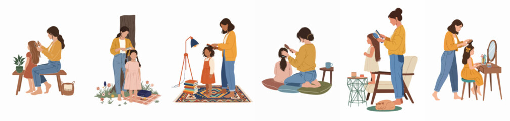 Collection of flat illustrations showing a mother brushing her daughter's long hair in various domestic and outdoor settings, depicting love and maternal care.