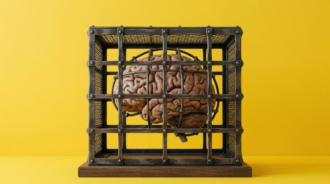 Brain encapsulated in a cage against bright yellow background, mental health, anxiety, pressure and psychology concept, clean composition, polished finish, premium stock appeal, editorial clarity,