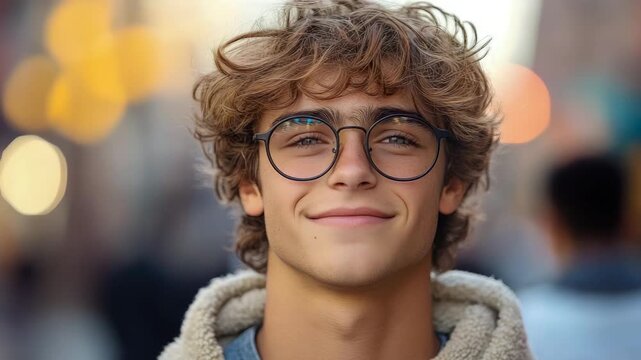 Young, smiling individual with curly hair and round glasses, bathed in soft, blurred bokeh lights, conveying warmth and approachability.