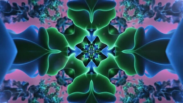 Abstract floral kaleidoscope with glowing blue and green elements against a pink background