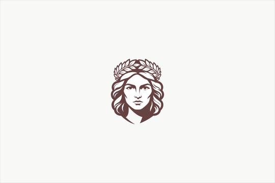Elegant Greek goddess portrait illustration in flat vector style with laurel crown, ideal for mythology, history, royalty, beauty, and classical design themes. Vector illustration.