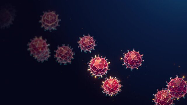 Virus Cells Floating in a Seamless Animation Loop. Microscopic pathogens and infectious disease concept for healthcare, medical research and microbiology. Abstract medical background with copy space.