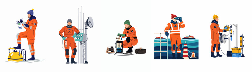 Set of researchers and scientists in orange thermal suits performing arctic maritime field work with specialized equipment and monitoring technology. © Woo
