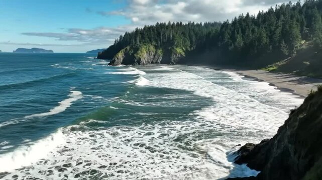 Coastal aerial view of ocean waves crashing onto a secluded beach with lush green forest cliffs