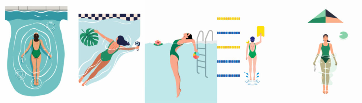 Collection of flat vector illustrations of women in green swimsuits performing various activities in swimming pools, such as floating, diving, and swimming.