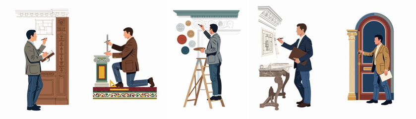 Set of illustrations featuring a professional architect designing, measuring, and restoring classical architectural elements like columns, doors, and decorative moldings. © Woo