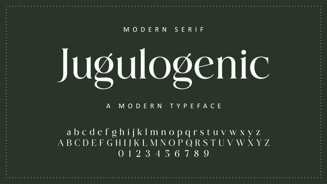 Modern serif font, Jugulogenic typeface, alphabet characters, numbers, typography design
