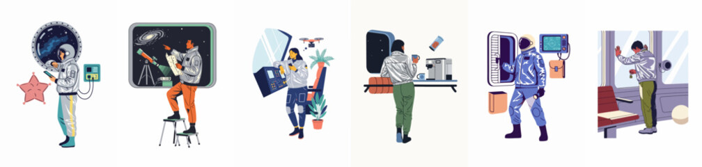 A collection of flat vector illustrations featuring astronauts and researchers engaged in various activities within a spacecraft and exploring the vast universe. © Shiji