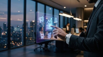 Obraz premium Tech innovation business professional interacting with holographic data display and city skyline view