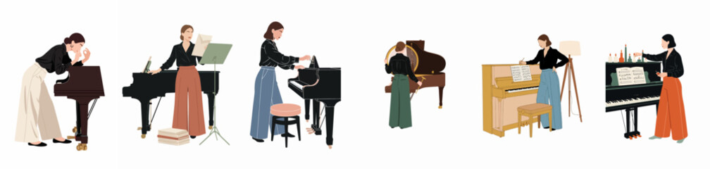 Flat vector illustrations of women pianists and composers engaged in various musical activities with grand and upright pianos on a white background. © Shiji