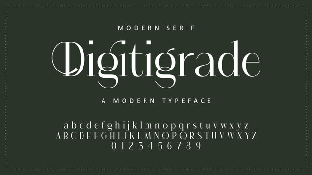 Modern Serif Font, Digitigrade Typeface, Alphabet Characters, White Text on Dark Background, Typography Design Elements