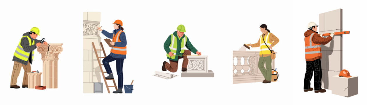 Collection of professional restoration workers and stone masons working on historical architectural elements, wearing safety gear and using specialized tools.