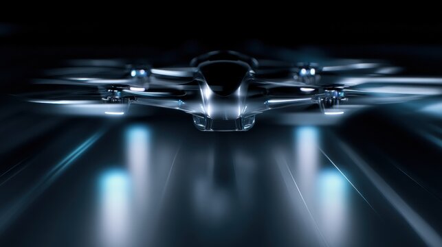 Dark autonomous drone flying with blue lights and motion blur, ideal for surveillance, mobility and future technology visuals