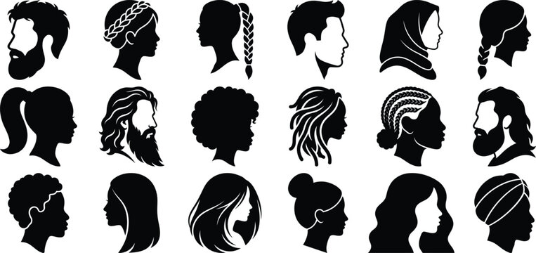 "Diverse Head Silhouettes Collection - Men and Women with Various Hairstyles and Beards"