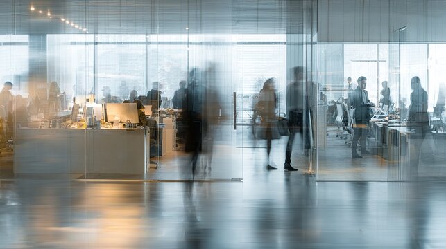 Blurred silhouettes of busy professionals walking through a modern glass office interior captured in this dynamic and cinematic motion photograph