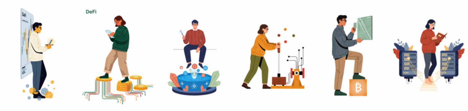A set of flat vector illustrations representing people interacting with various decentralized finance (DeFi) concepts, cryptocurrency trading, and blockchain technology.