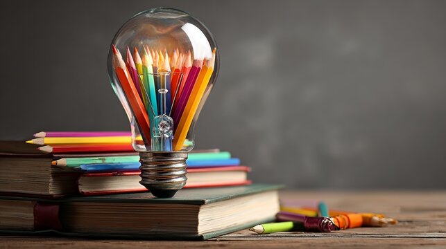 Colorful pencils inside a glowing glass light bulb placed on top of stacked books in this creative studio desk photograph