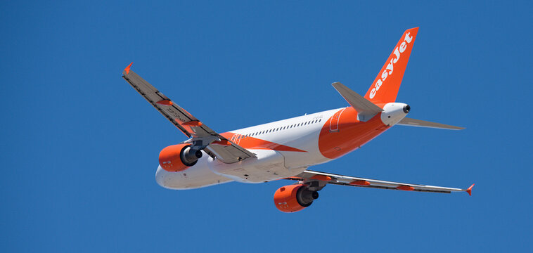 Tenerife, Spain may 8st, 2026. Airbus A320-214 easyJet airlines, flies in the blue sky. Takeoff at Tenerife Airport. Retracting the landing gear