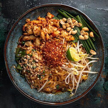 Thai food pad thai chicken noodle street food vibrant plate lime peanuts chili flakes top view composition authentic Thai cuisine bright colors high detail food photography