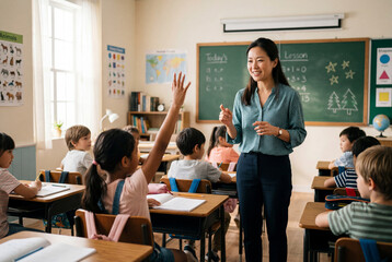 Fototapeta premium Smiling female teacher looking at students in a bright sunny classroom