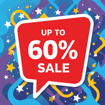 Red sale tag with up to sixty percent discount on colorful background