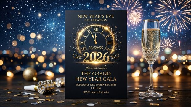 Happy New Year 2026 countdown clock on glittering midnight sky, festive party invitation card concept for New Years Eve celebration with elegant copy space, photorealistic detail, soft natural light,