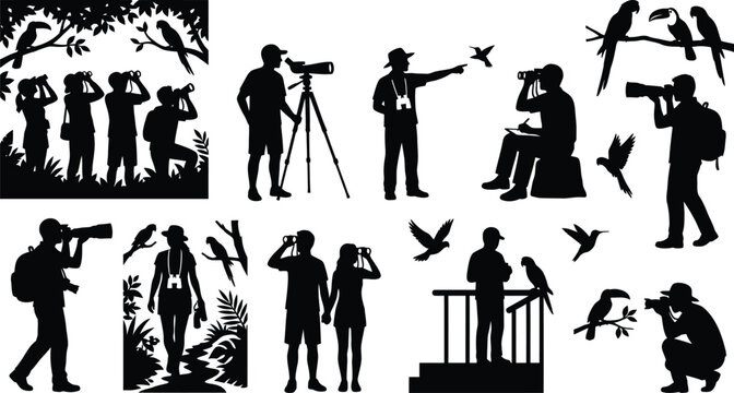 Birdwatchers and photographers observing birds in nature isolated on white background, Vector