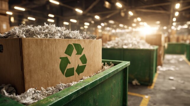 Wooden box with recycle symbol containing shredded paper in factory. Waste management and industrial recycling process. Eco friendly material disposal for circular economy sustainability.